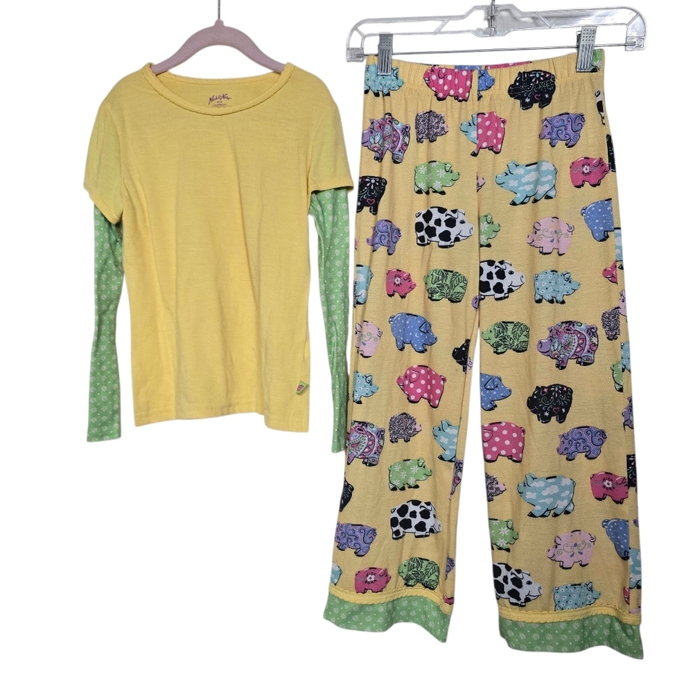 Nick & Nora Yellow Green Pig Pajama Set Long Sleeves & Pants Girls M 7/8